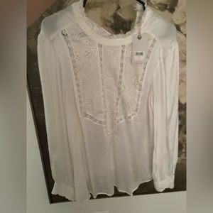white embroidered faux silk longsleeve top. lucky brand NWT